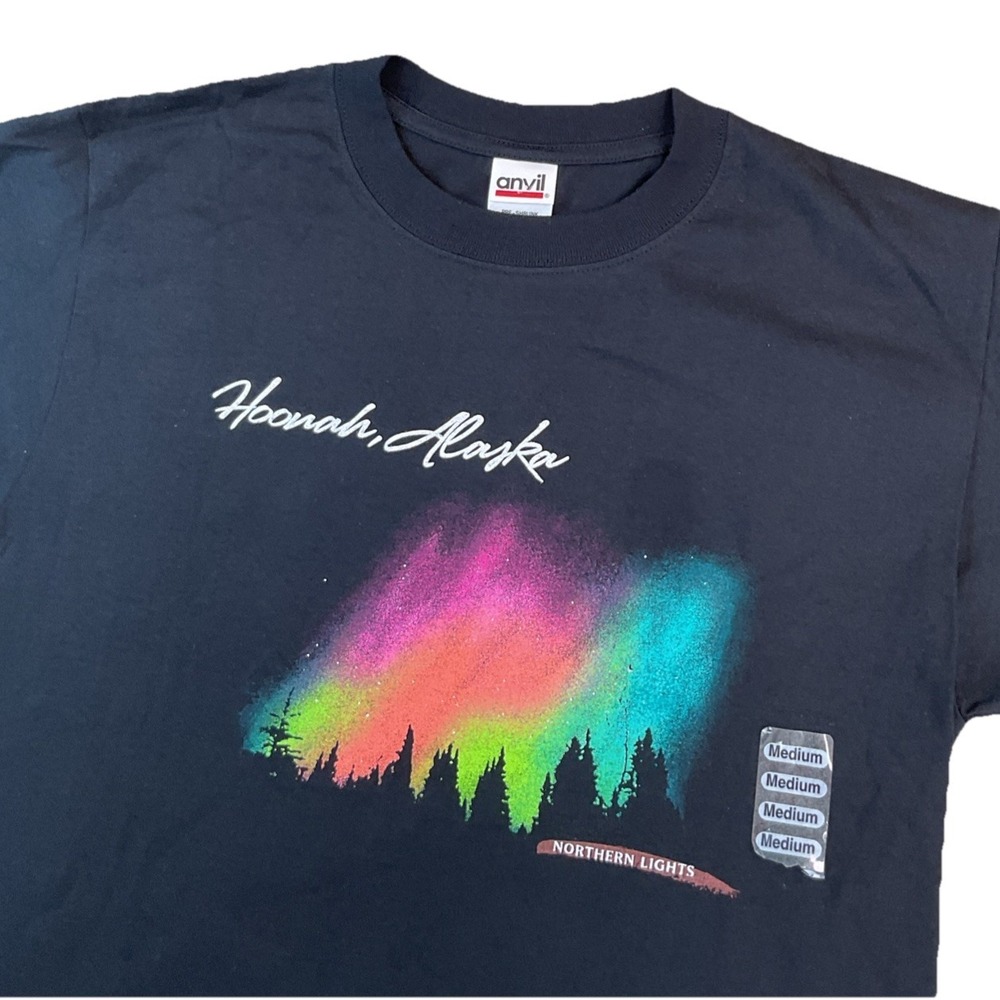 Vintage Hoonah Alaska T-Shirt Mens M Northern Lights‎ Graphic Tee Y2K Black NWOT
